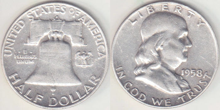 1958 D USA silver Half Dollar (Franklin) A000897